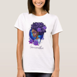 Camiseta Rosas Roxos Elegantes Afro Mulher