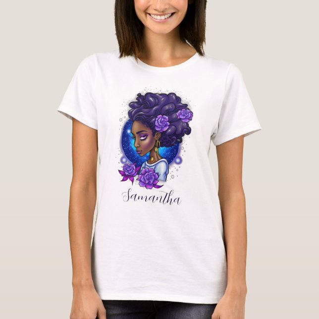 Camiseta Rosas Roxos Elegantes Afro Mulher (Frente)