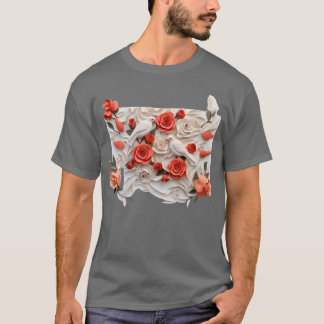 Camiseta Rosas tridimensionais e aves