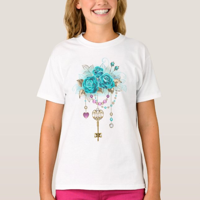 Camiseta Rosas Turquesas com Chaves (Frente)