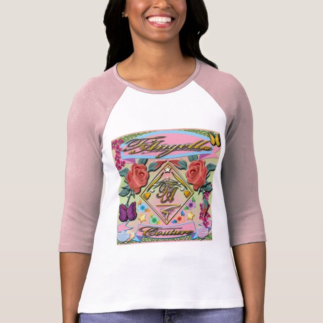Camiseta Rosas vermelhas, borboletas, flores 3/4 de Raglan (Frente)