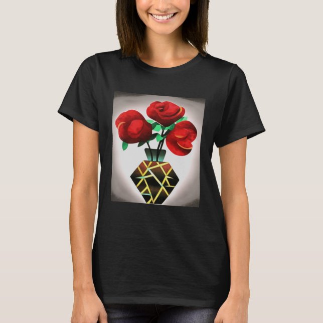 Camiseta Rosas vermelhas De Arte Em Vase Abstrato Art Pullo (Frente)