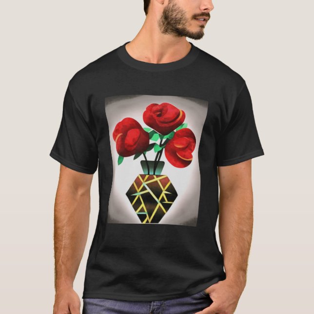 Camiseta Rosas vermelhas De Arte Em Vase Abstrato Art Pullo (Frente)