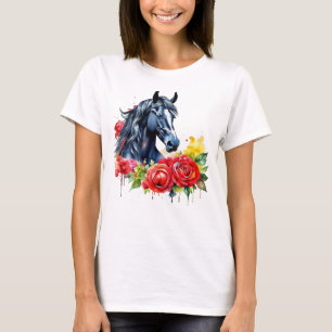 Camiseta Rosas vermelhas de Cavalo Preto com Aquarela