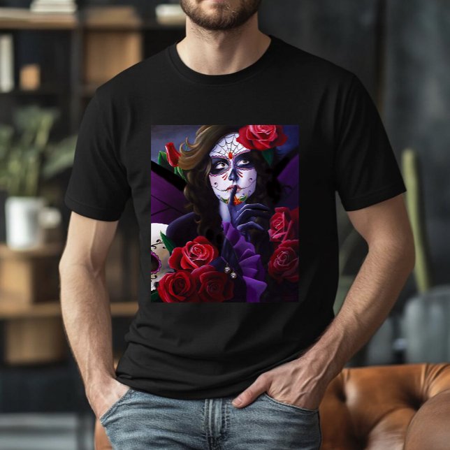 Camiseta Rosas vermelhas de crânio de açúcar Roxo (Criador carregado)