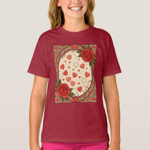 Camiseta Rosas Vermelhas e Corações em Design Art Nouveau