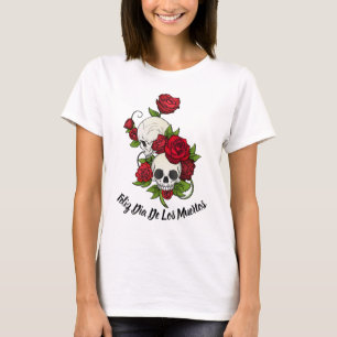 Camiseta Rosas vermelhas e crânios Feliz Dia dos Mortos