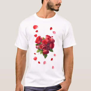 Camiseta rosas vermelhas e pétalas rosa