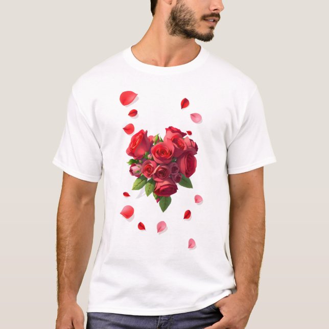 Camiseta rosas vermelhas e pétalas rosa (Frente)