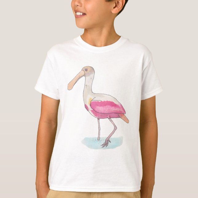 Camiseta Roseate Spoonbill aves espécie aquarela (Frente)