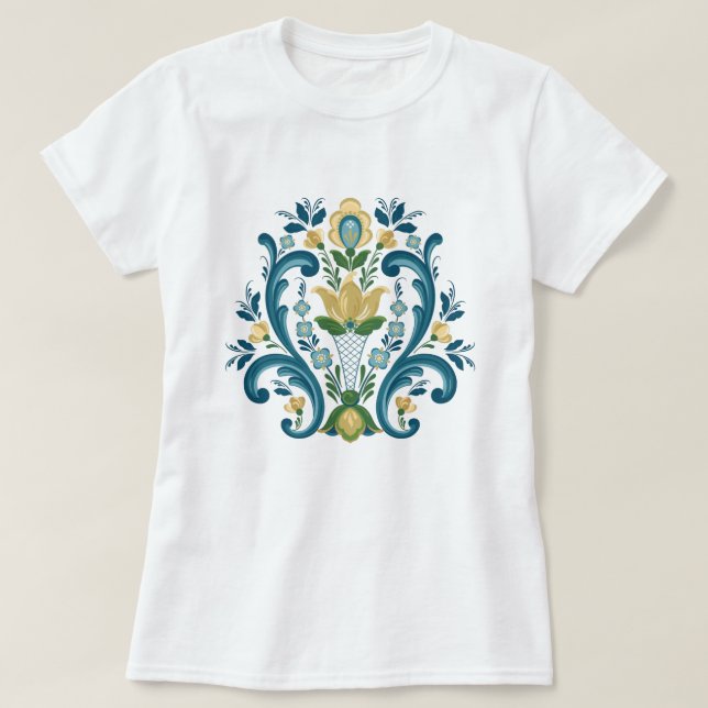 Camiseta Rosemaling Blue e Dourada T-Shirt (Frente do Design)
