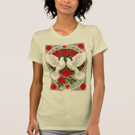 Camiseta Roses Vermelhas e Pombas Brancas Art Nouveau