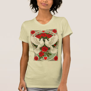 Camiseta Roses Vermelhas e Pombas Brancas Art Nouveau