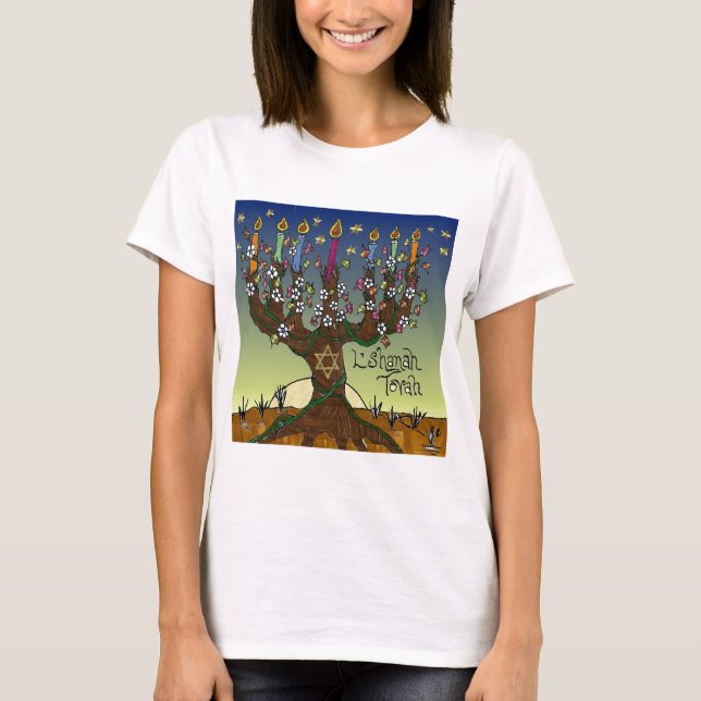 Camiseta Rosh Hashanah L'Shanah Tovah Árvore Da Vida Menora (Frente)