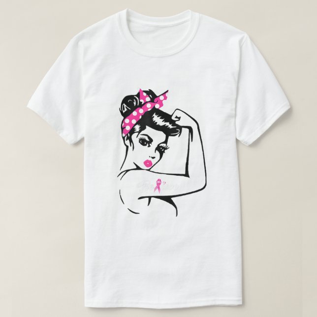 Camiseta Rosie Riveter Acredita no Cancer de Fita Rosa (Frente do Design)