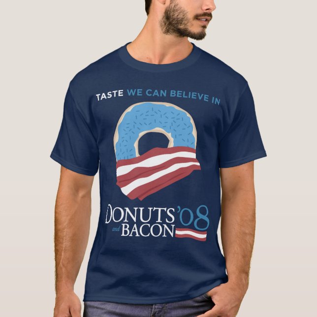 Camiseta Rosquinhas e bacon: Gosto nós podemos acreditar (Frente)