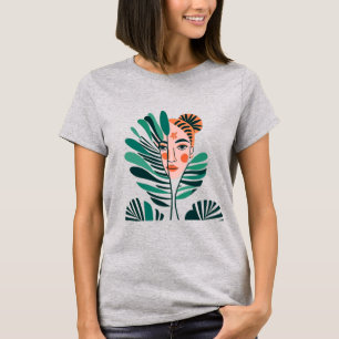 Camiseta rosto da abstrato atrás das folhas das árvores
