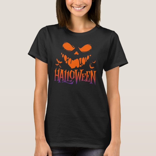 Camiseta Rosto de Abóbora Assustador de Halloween Gradiente (Frente)