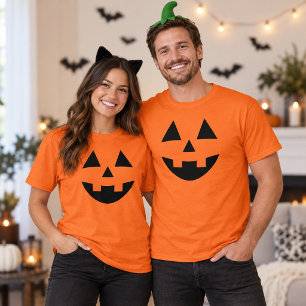 Camiseta Rosto de Abóbora de Halloween Laranja para Casais