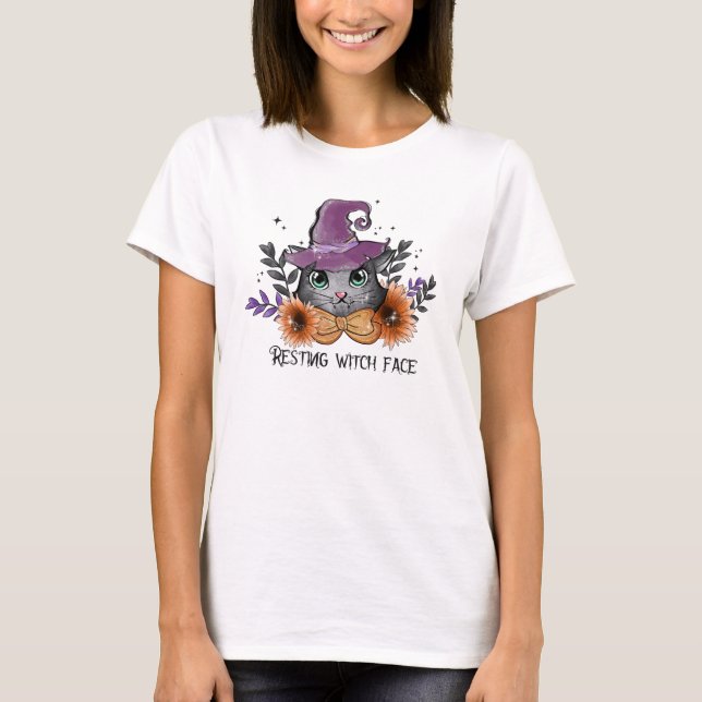 Camiseta Rosto de Bruxa Descansada - Gato com Chapéu de Bru (Frente)