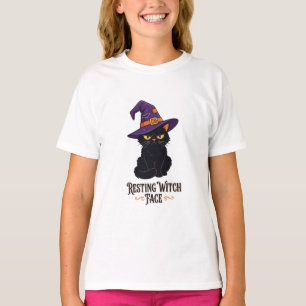 Camiseta Rosto de Bruxa Descontraída Gato Preto Engraçado H