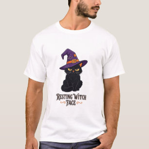 Camiseta Rosto de Bruxa Descontraída Gato Preto Engraçado H