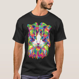 Camiseta Rosto de Gato Colorido Estilo Impressionista Aquar