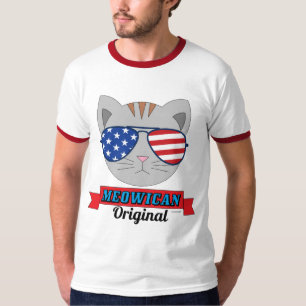 Camiseta Rosto de Gato com Óculos de Sol da Bandeira Americ