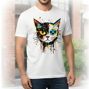 Camiseta Rosto de Gato com Salpico de Tinta Dinâmico Branco