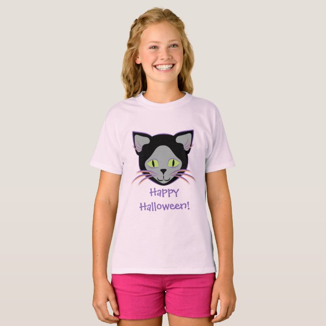 Camiseta Rosto de Gato Negro e Halloween (Frente Completa)
