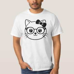 Camiseta Rosto de Gato Nerdy Kawaii com Óculos e Laço em Li