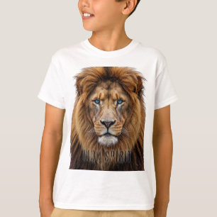 Camiseta Rosto de Leão Majestoso com Olhos Azuis   Animais 