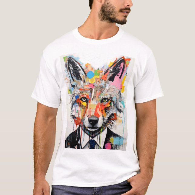 Camiseta Rosto de Lobo com Geométrico Abstrato (Frente)