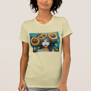 Camiseta Rosto de Menina Expressiva Com Girassóis
