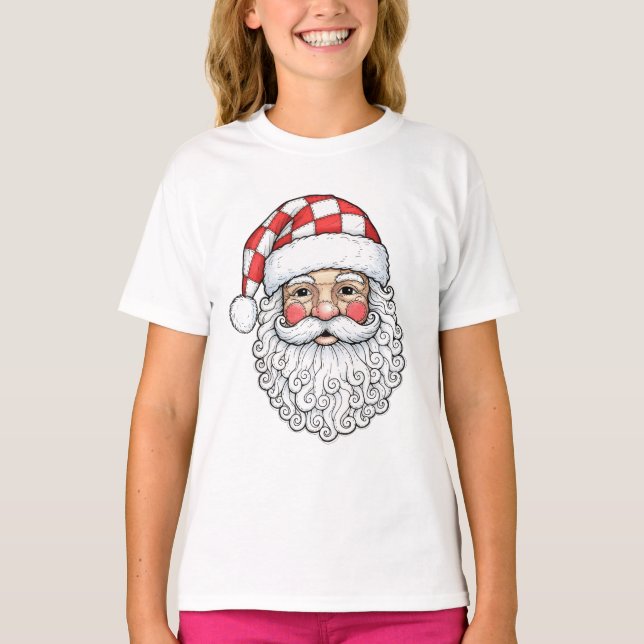 Camiseta Rosto de Papai Noel em Patchwork Desenho à Caneta  (Frente)