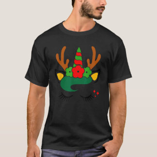 Camiseta Rosto de Rena Unicórnio com Coroa de Flores Natal 