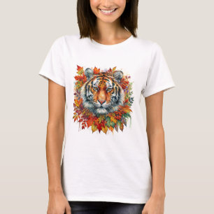 Camiseta Rosto de Tigre Entre Folhas de Outono
