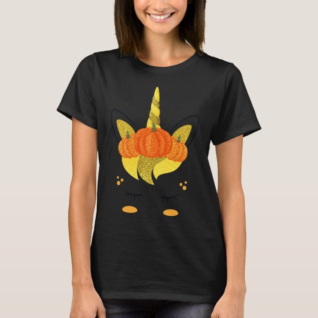 Camiseta Rosto de Unicórnio de Halloween Abóboras de Ação d (Frente)