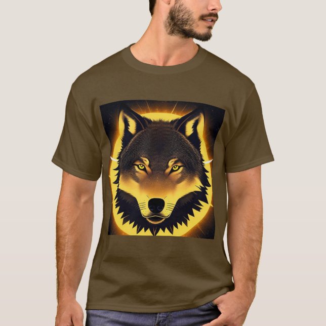 Camiseta Rosto do Lobo Radiante Iluminado pela Luz do Ouro (Frente)