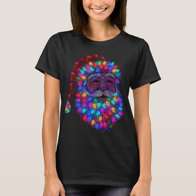 Camiseta Rosto do Papai Noel Feito de Luzes de Árvore de Na (Frente)