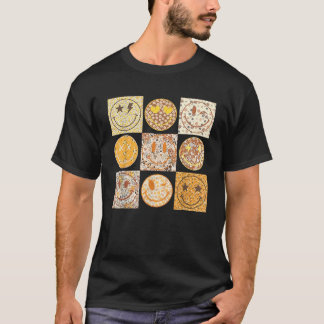 Camiseta Rosto Feliz de Outono Padrão Xadrez Sorriso Face F