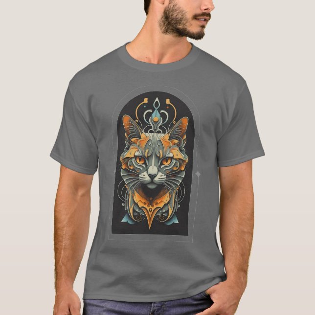 Camiseta rosto na moda preto e dourado de gato (Frente)