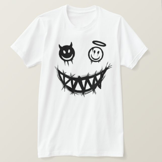 Camiseta Rosto Sorridente de Anjo e Diabo Dentes de Monstro (Frente do Design)