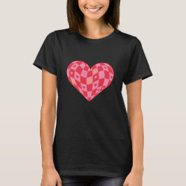 Camiseta Rosto Sorridente de Coração Xadrez Rosa Tendência