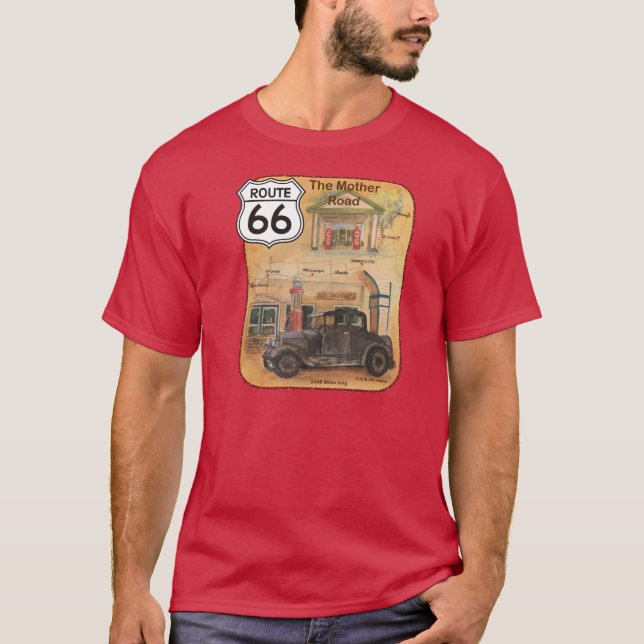 Camiseta Rota 66 com carro e postos de gasolina velhos (Frente)