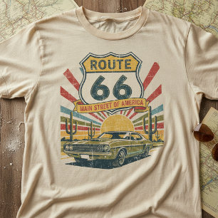 Camiseta Rota 66 Vintage, Carro Clássico Americano Retro