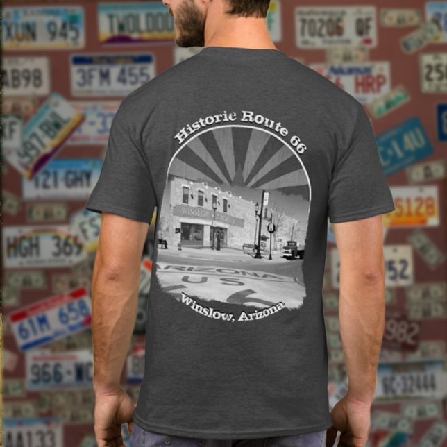 Camiseta Rota histórica 66 Winslow Arizona preto branco (Criador carregado)