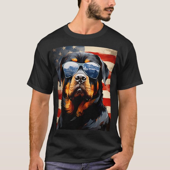 Camiseta Rottweiler 4 de julho bandeira americana (Frente)