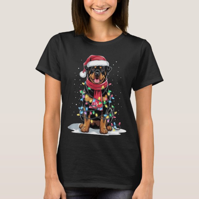 Camiseta Rottweiler Árvore de Natal Chapéu de Papai Noel Lu (Frente)