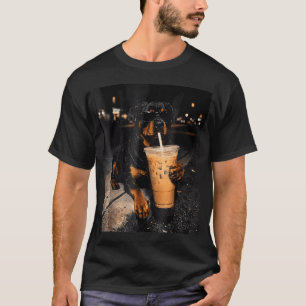 Camiseta Rottweiler Bebendo Café Gelado Animal Engraçado